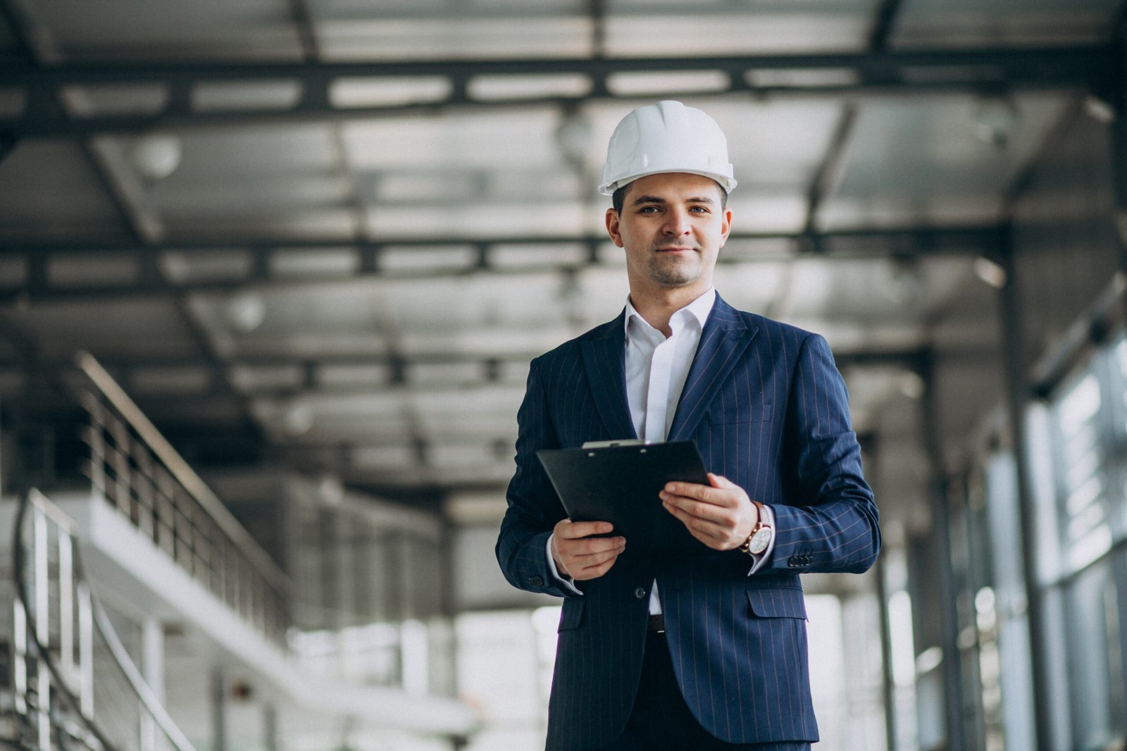 Handsome business man engineer in hard hat in a building